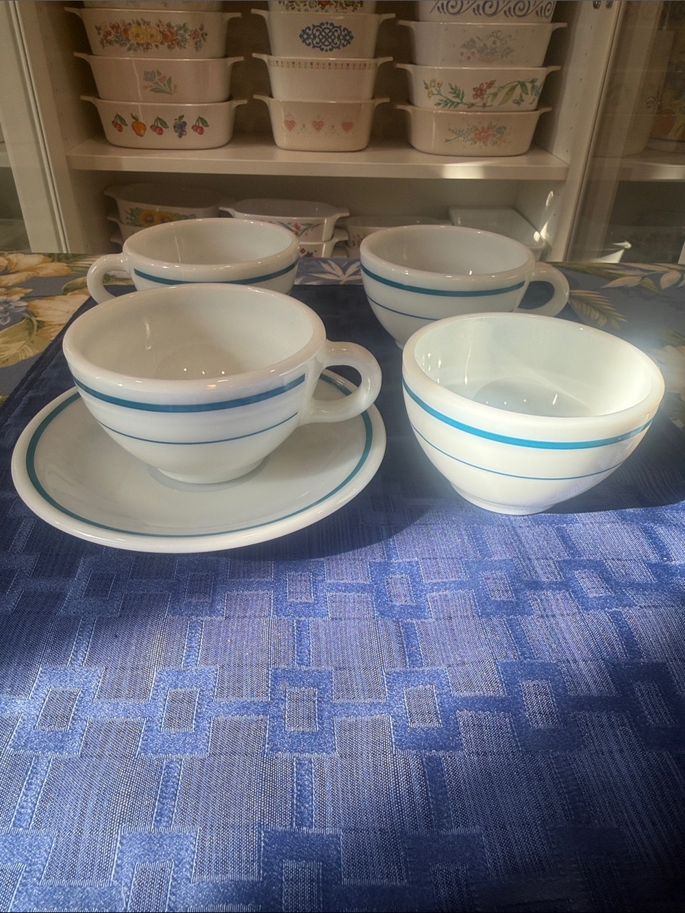Pyrex White Glass Cups and Bowls with Blue Band